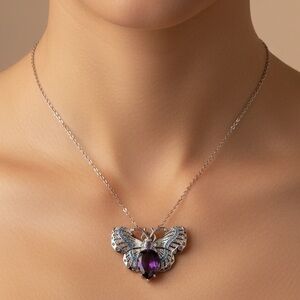 Antique Butterfly Amethyst Pendant Necklace, Silver, Brooch, Wedding, Engagement